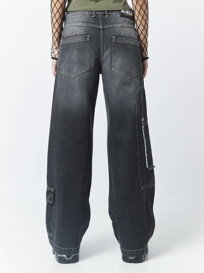 Clothing Minga London Jeans Track Black Multi Pocket Overdye Cargo Jeans