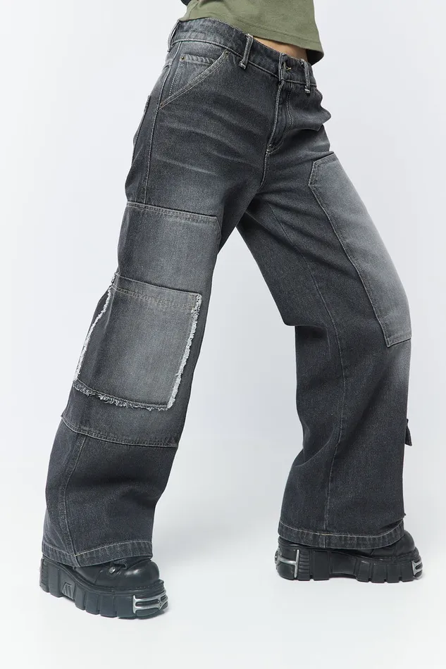 Clothing Minga London Jeans Track Black Multi Pocket Overdye Cargo Jeans