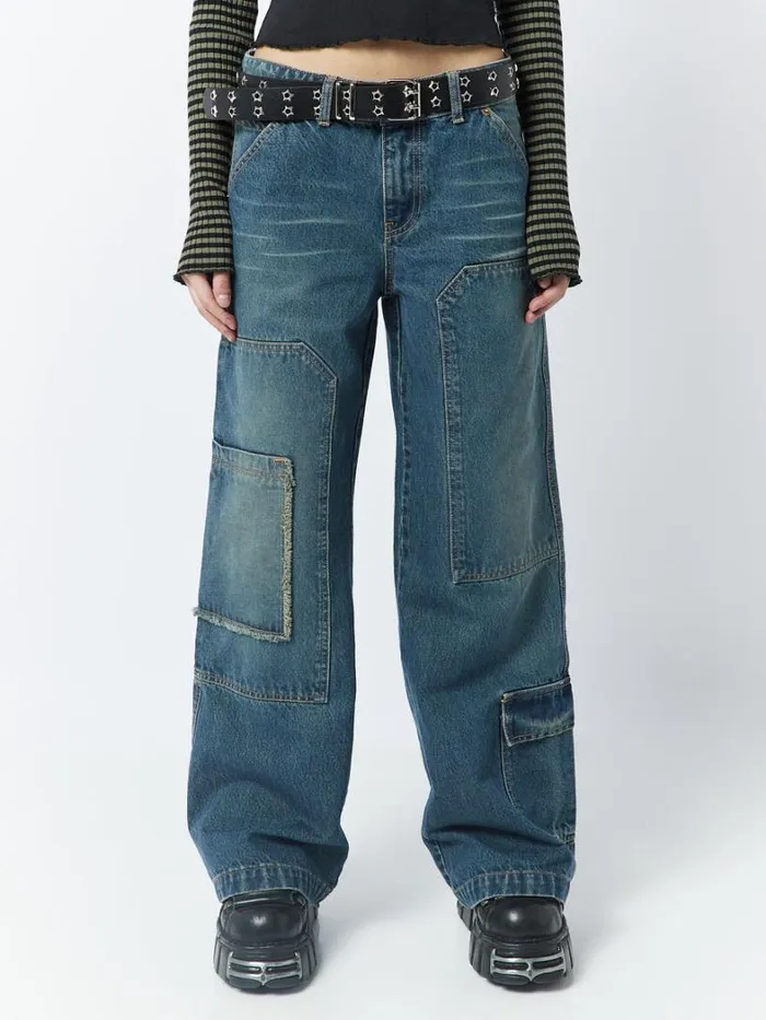 Clothing Minga London Jeans Track Blue Multi Pocket Overdye Cargo Jeans