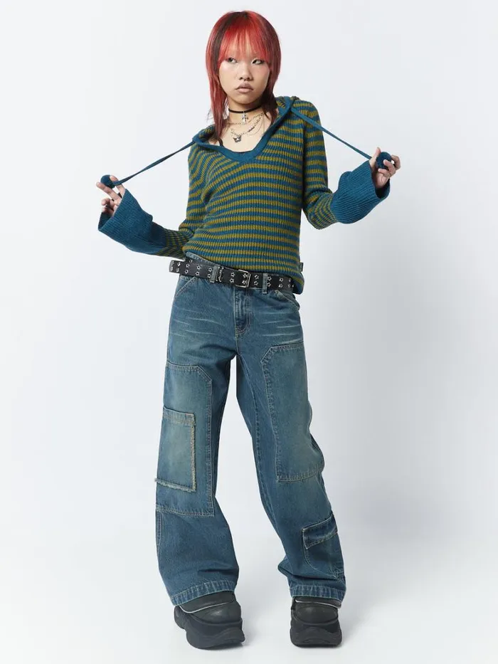 Clothing Minga London Jeans Track Blue Multi Pocket Overdye Cargo Jeans
