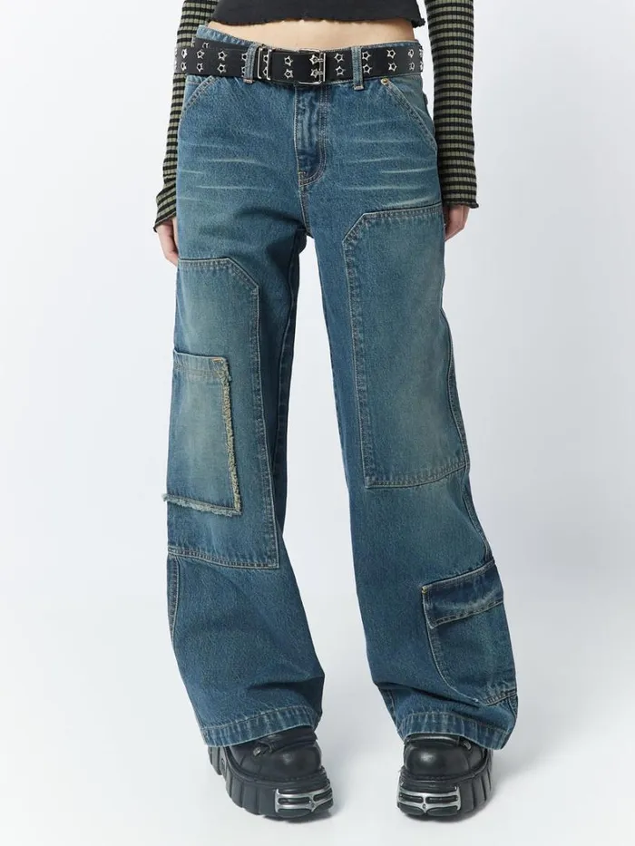 Clothing Minga London Jeans Track Blue Multi Pocket Overdye Cargo Jeans