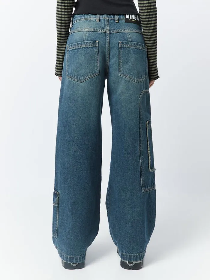 Clothing Minga London Jeans Track Blue Multi Pocket Overdye Cargo Jeans