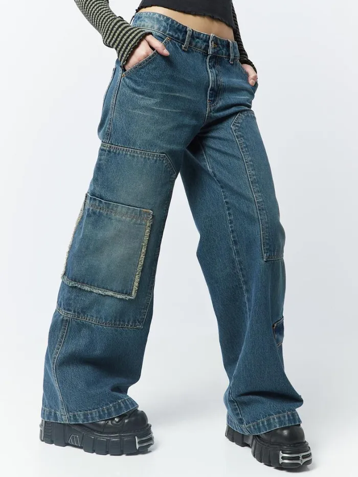 Clothing Minga London Jeans Track Blue Multi Pocket Overdye Cargo Jeans
