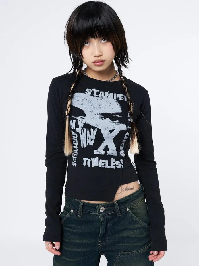 Clothing Minga London Long Sleeve Tops Acid Vision Black Asymmetric Top