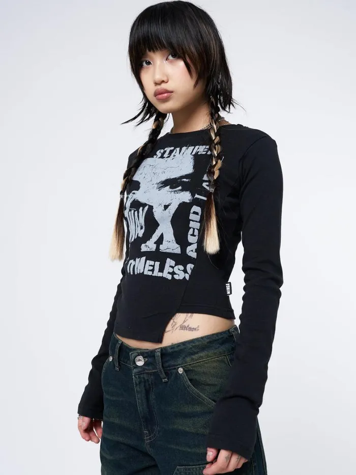 Clothing Minga London Long Sleeve Tops Acid Vision Black Asymmetric Top