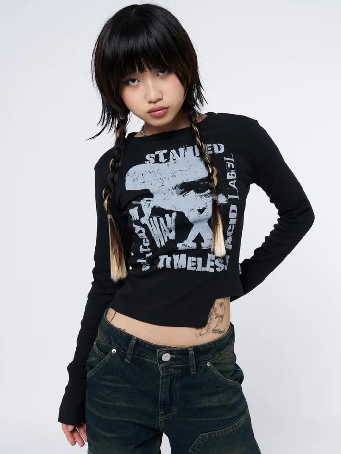 Clothing Minga London Long Sleeve Tops Acid Vision Black Asymmetric Top