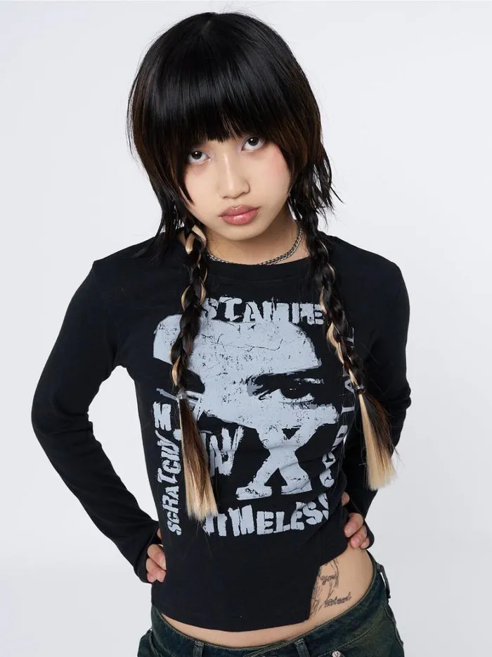 Clothing Minga London Long Sleeve Tops Acid Vision Black Asymmetric Top