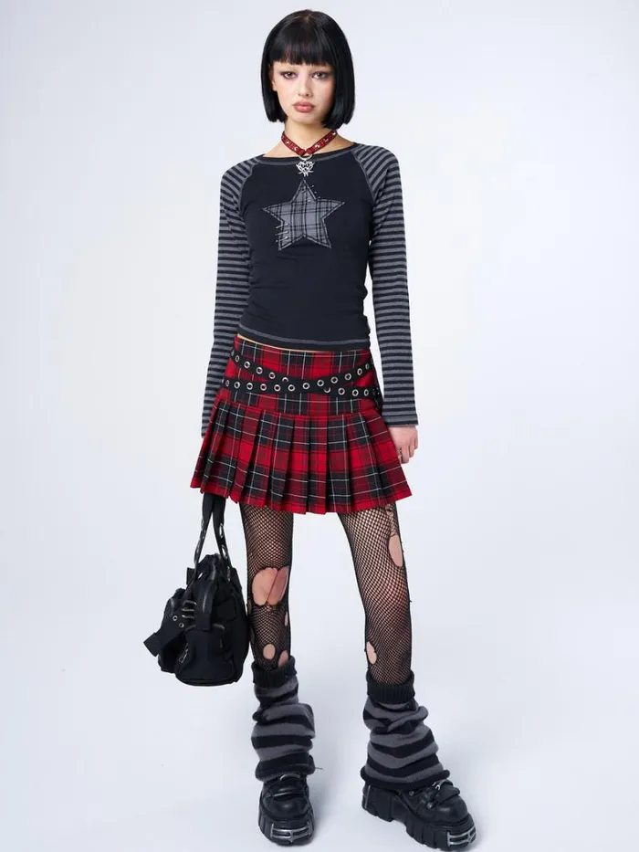 Clothing Minga London Long Sleeve Tops Akari Plaid Star Striped Sleeves Top