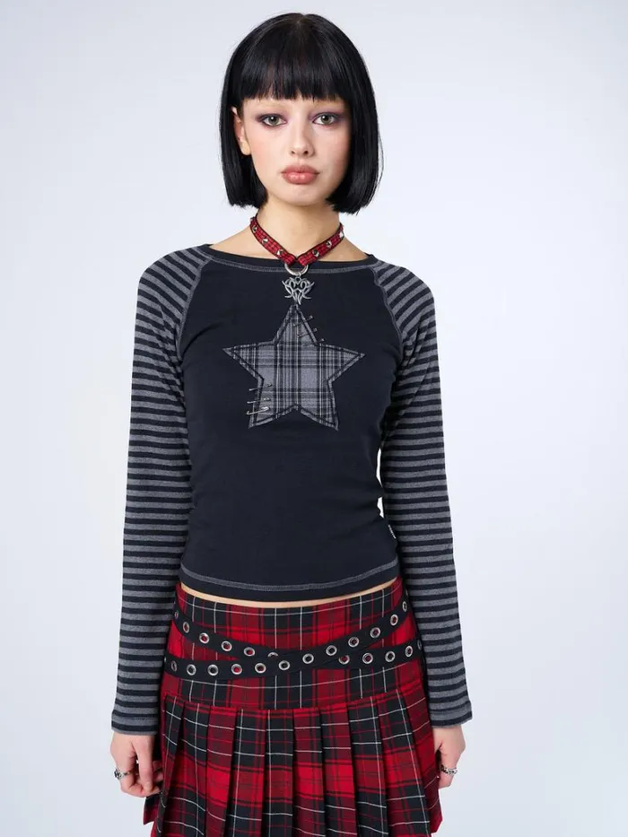 Clothing Minga London Long Sleeve Tops Akari Plaid Star Striped Sleeves Top