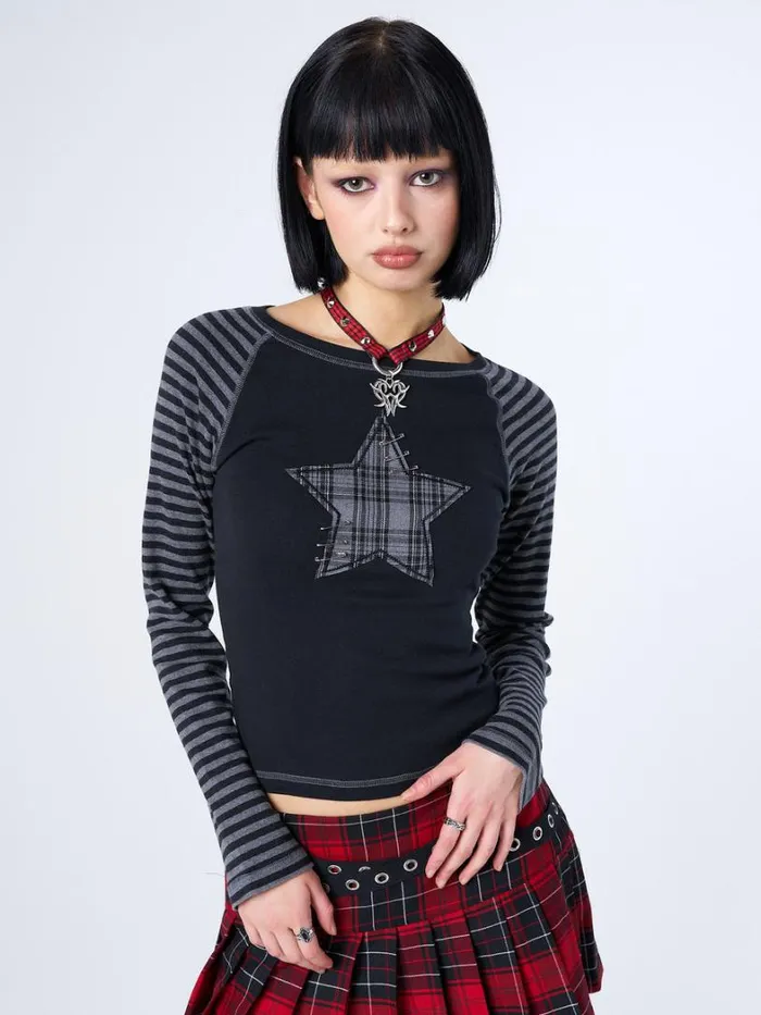 Clothing Minga London Long Sleeve Tops Akari Plaid Star Striped Sleeves Top