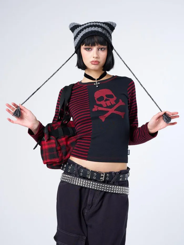 Clothing Minga London Long Sleeve Tops Avril Red Skull Striped Top