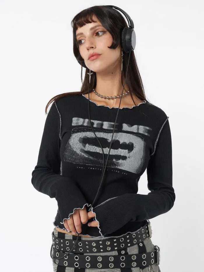 Clothing Minga London Long Sleeve Tops Bite Me Black Rib Top