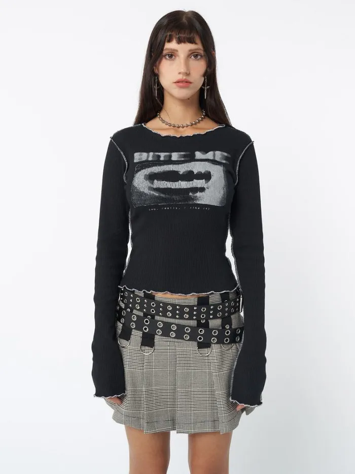Clothing Minga London Long Sleeve Tops Bite Me Black Rib Top