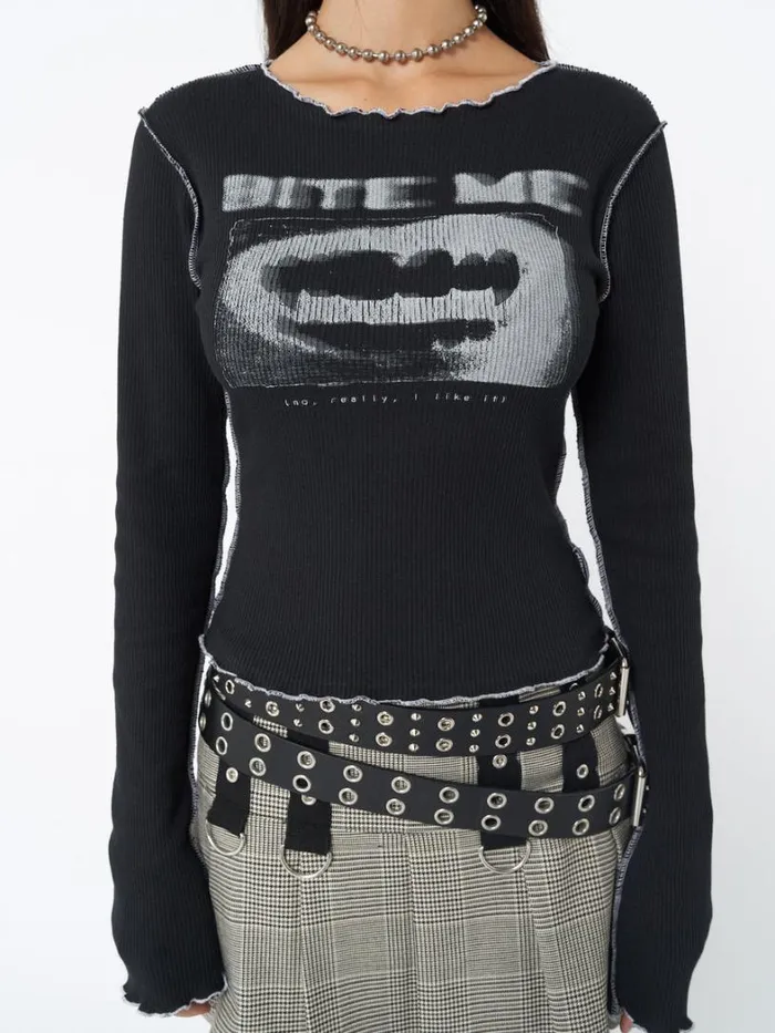 Clothing Minga London Long Sleeve Tops Bite Me Black Rib Top