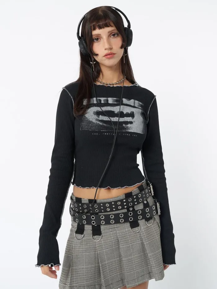 Clothing Minga London Long Sleeve Tops Bite Me Black Rib Top