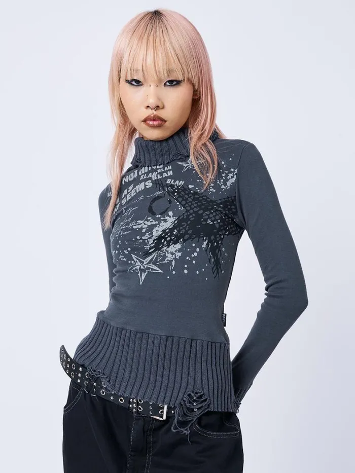 Clothing Minga London Long Sleeve Tops Blah Blah Blah Distressed High Neck Top