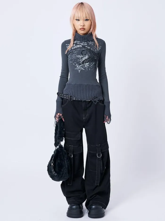 Clothing Minga London Long Sleeve Tops Blah Blah Blah Distressed High Neck Top