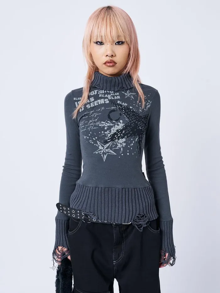 Clothing Minga London Long Sleeve Tops Blah Blah Blah Distressed High Neck Top