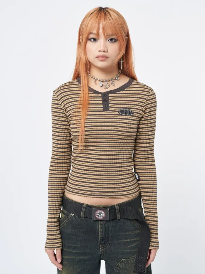 Clothing Minga London Long Sleeve Tops Brownie Half Button Striped Rib Top