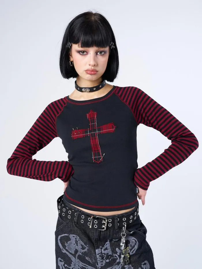 Clothing Minga London Long Sleeve Tops Crimson Cross Striped Sleeves Top