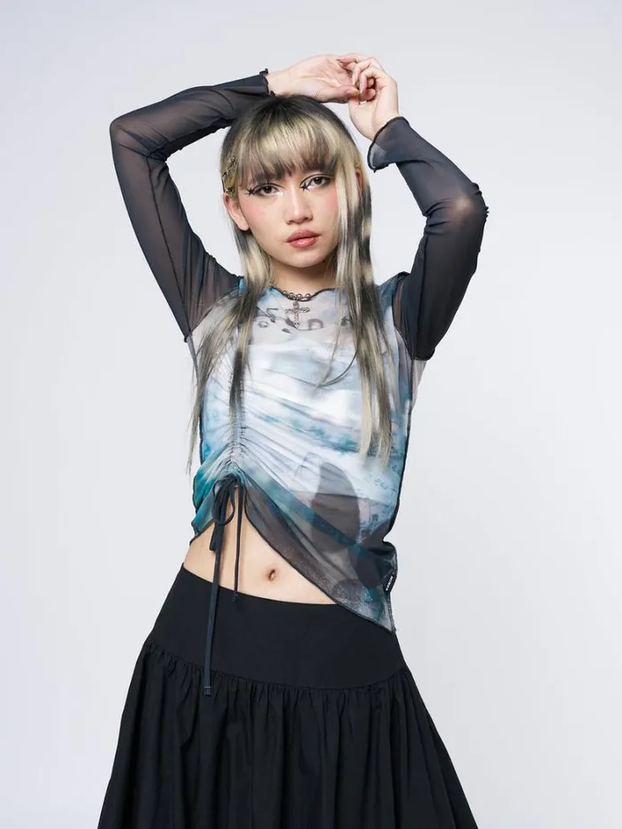Clothing Minga London Long Sleeve Tops Echos Printed Mesh Ruched Tie Top