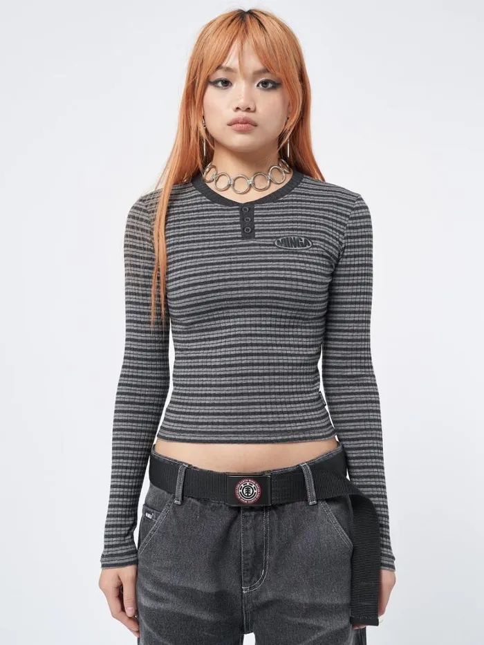 Clothing Minga London Long Sleeve Tops Graphite Half Button Striped Rib Top