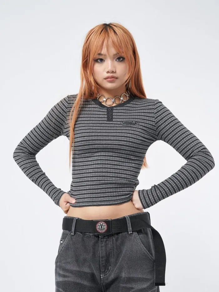 Clothing Minga London Long Sleeve Tops Graphite Half Button Striped Rib Top