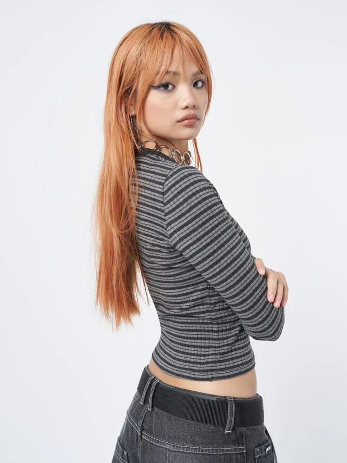 Clothing Minga London Long Sleeve Tops Graphite Half Button Striped Rib Top