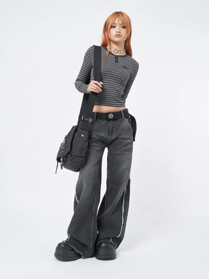 Clothing Minga London Long Sleeve Tops Graphite Half Button Striped Rib Top