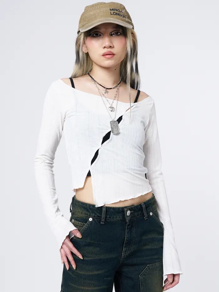 Clothing Minga London Long Sleeve Tops Hana White Asymmetrical Cut Out Top