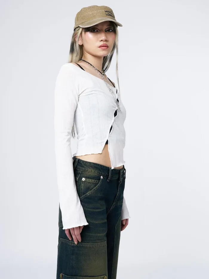 Clothing Minga London Long Sleeve Tops Hana White Asymmetrical Cut Out Top