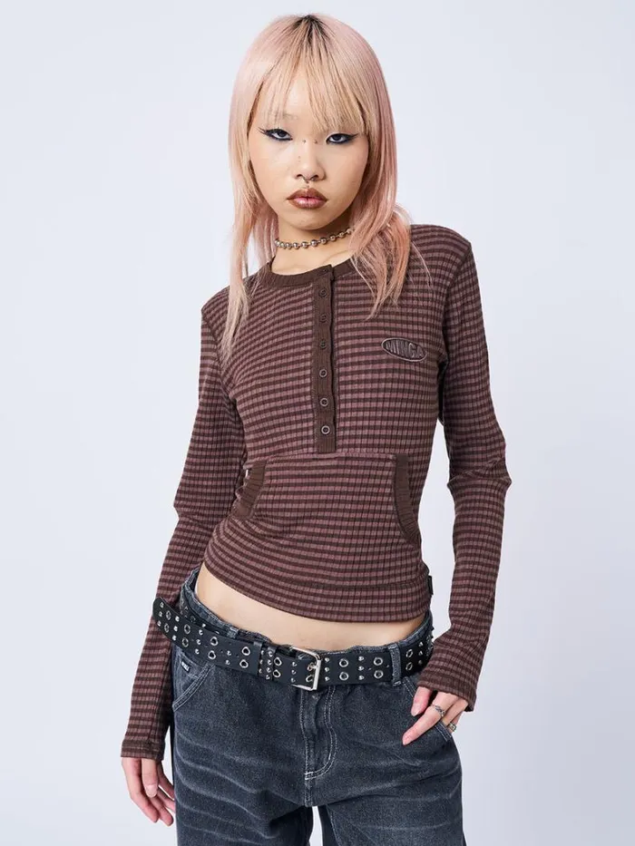 Clothing Minga London Long Sleeve Tops Kimi Brown Half Button Striped Top