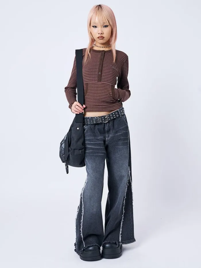 Clothing Minga London Long Sleeve Tops Kimi Brown Half Button Striped Top