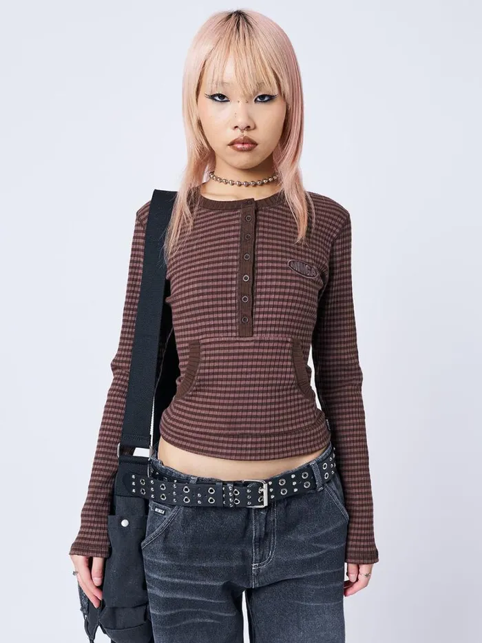 Clothing Minga London Long Sleeve Tops Kimi Brown Half Button Striped Top