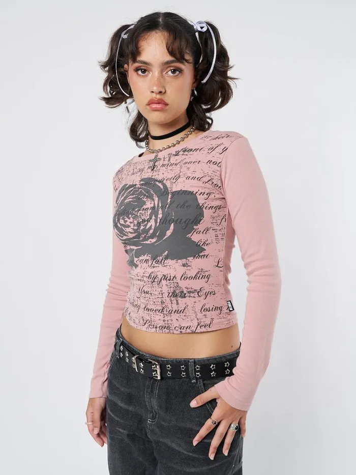 Clothing Minga London Long Sleeve Tops Lost Rose Pale Pink Graphic Top