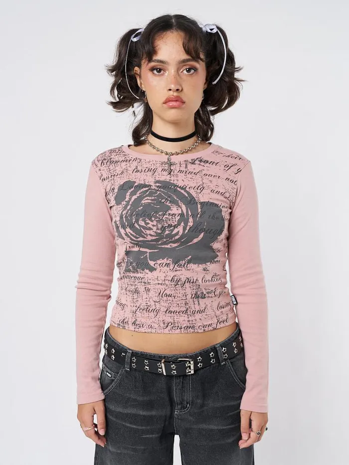 Clothing Minga London Long Sleeve Tops Lost Rose Pale Pink Graphic Top