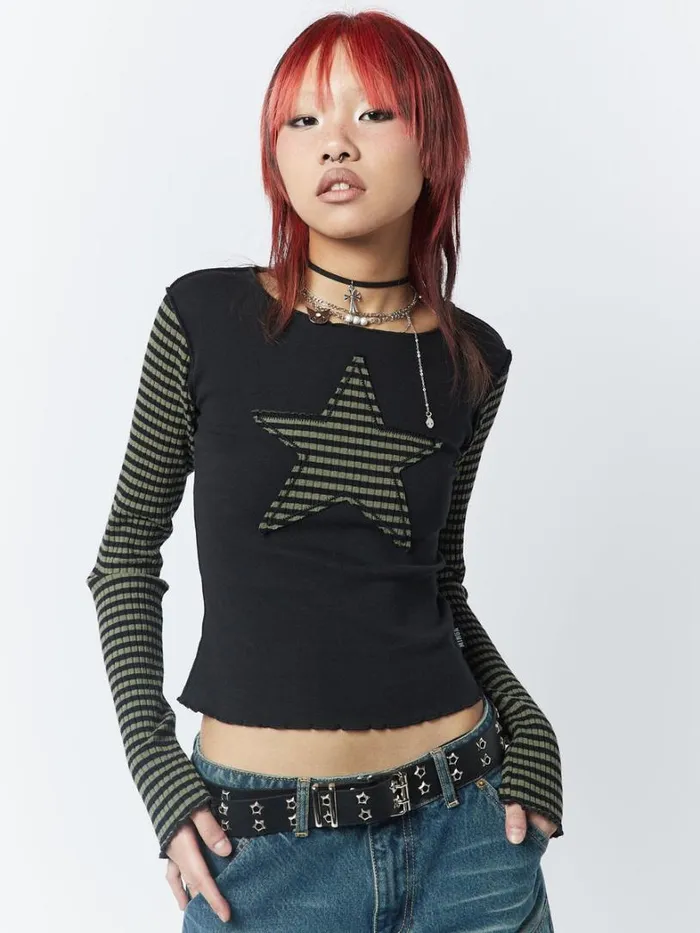 Clothing Minga London Long Sleeve Tops Lost Star Green Black Striped Long Sleeve Top