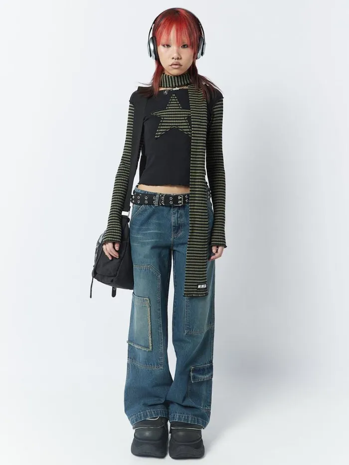 Clothing Minga London Long Sleeve Tops Lost Star Green Black Striped Long Sleeve Top