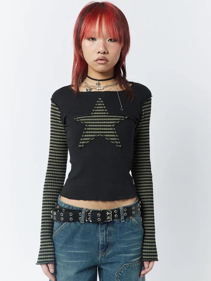 Clothing Minga London Long Sleeve Tops Lost Star Green Black Striped Long Sleeve Top