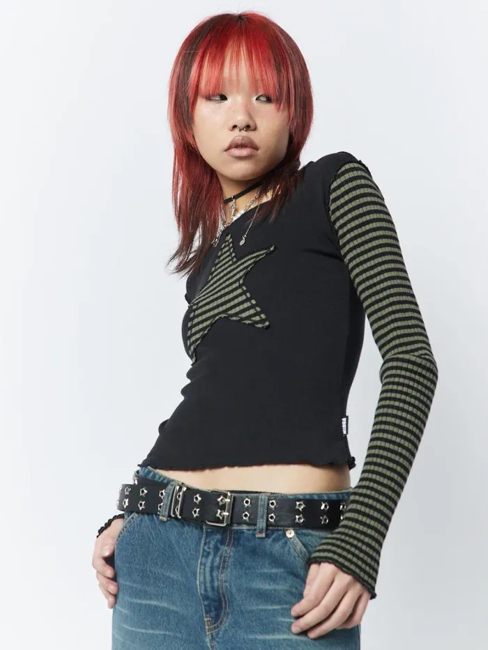 Clothing Minga London Long Sleeve Tops Lost Star Green Black Striped Long Sleeve Top