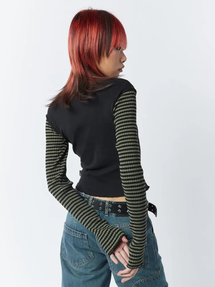 Clothing Minga London Long Sleeve Tops Lost Star Green Black Striped Long Sleeve Top