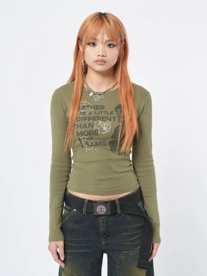 Clothing Minga London Long Sleeve Tops Rather Be Different Khaki Graphic Top