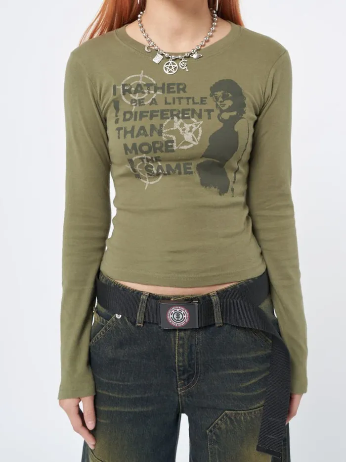 Clothing Minga London Long Sleeve Tops Rather Be Different Khaki Graphic Top