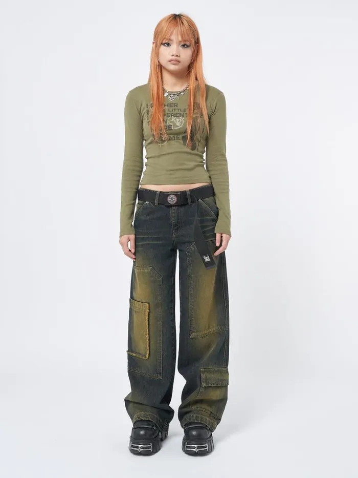 Clothing Minga London Long Sleeve Tops Rather Be Different Khaki Graphic Top