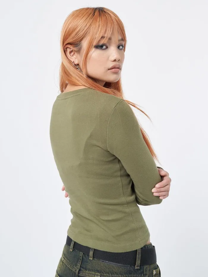 Clothing Minga London Long Sleeve Tops Rather Be Different Khaki Graphic Top