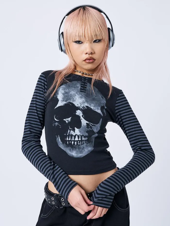 Clothing Minga London Long Sleeve Tops Reeper Skull Half Button Striped Top