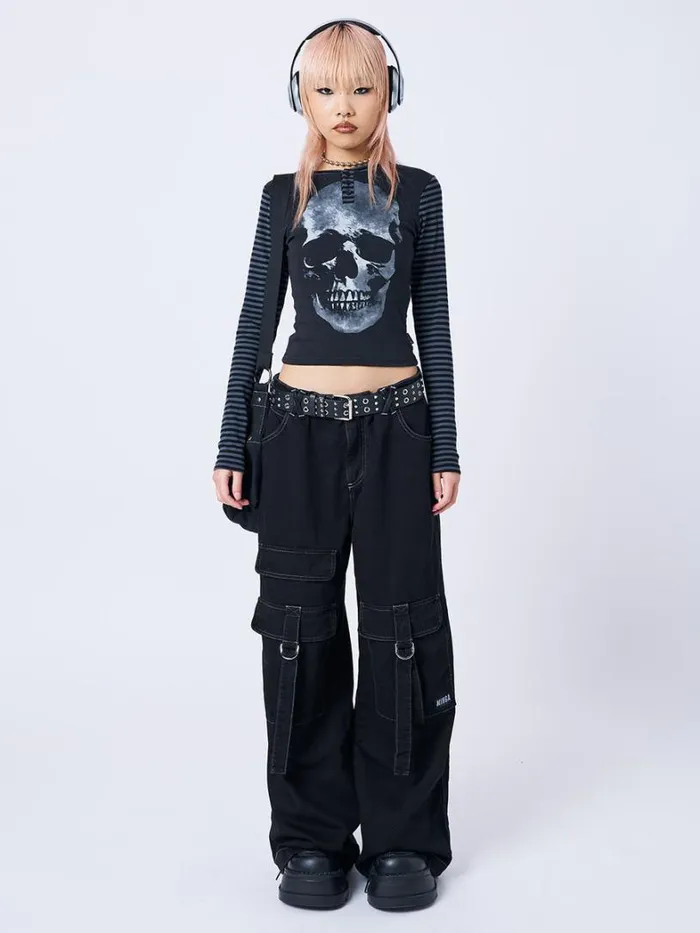 Clothing Minga London Long Sleeve Tops Reeper Skull Half Button Striped Top