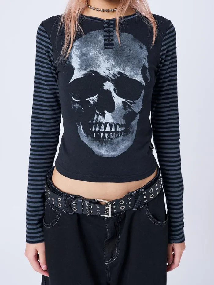 Clothing Minga London Long Sleeve Tops Reeper Skull Half Button Striped Top