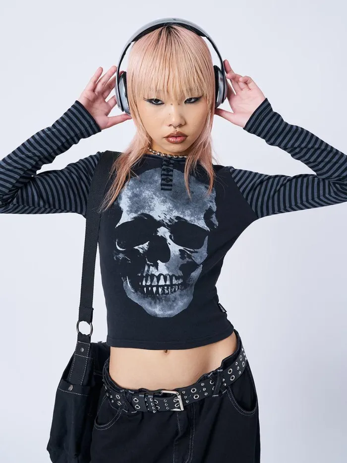 Clothing Minga London Long Sleeve Tops Reeper Skull Half Button Striped Top