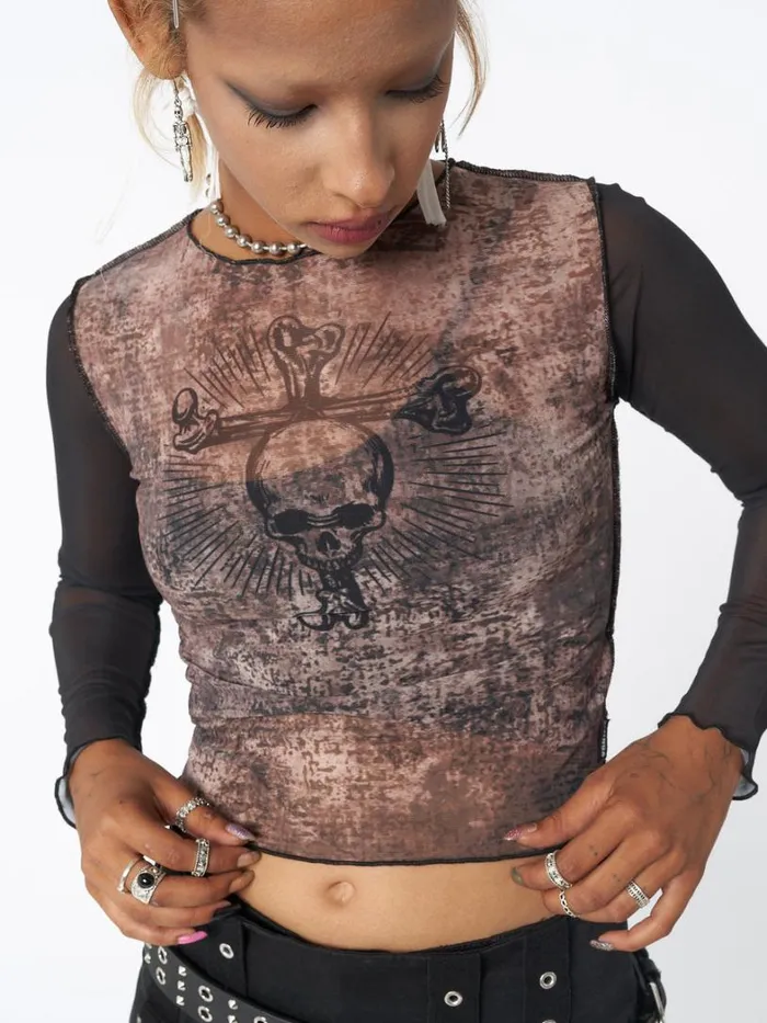 Clothing Minga London Long Sleeve Tops Skull Smash Contrast Mesh Top